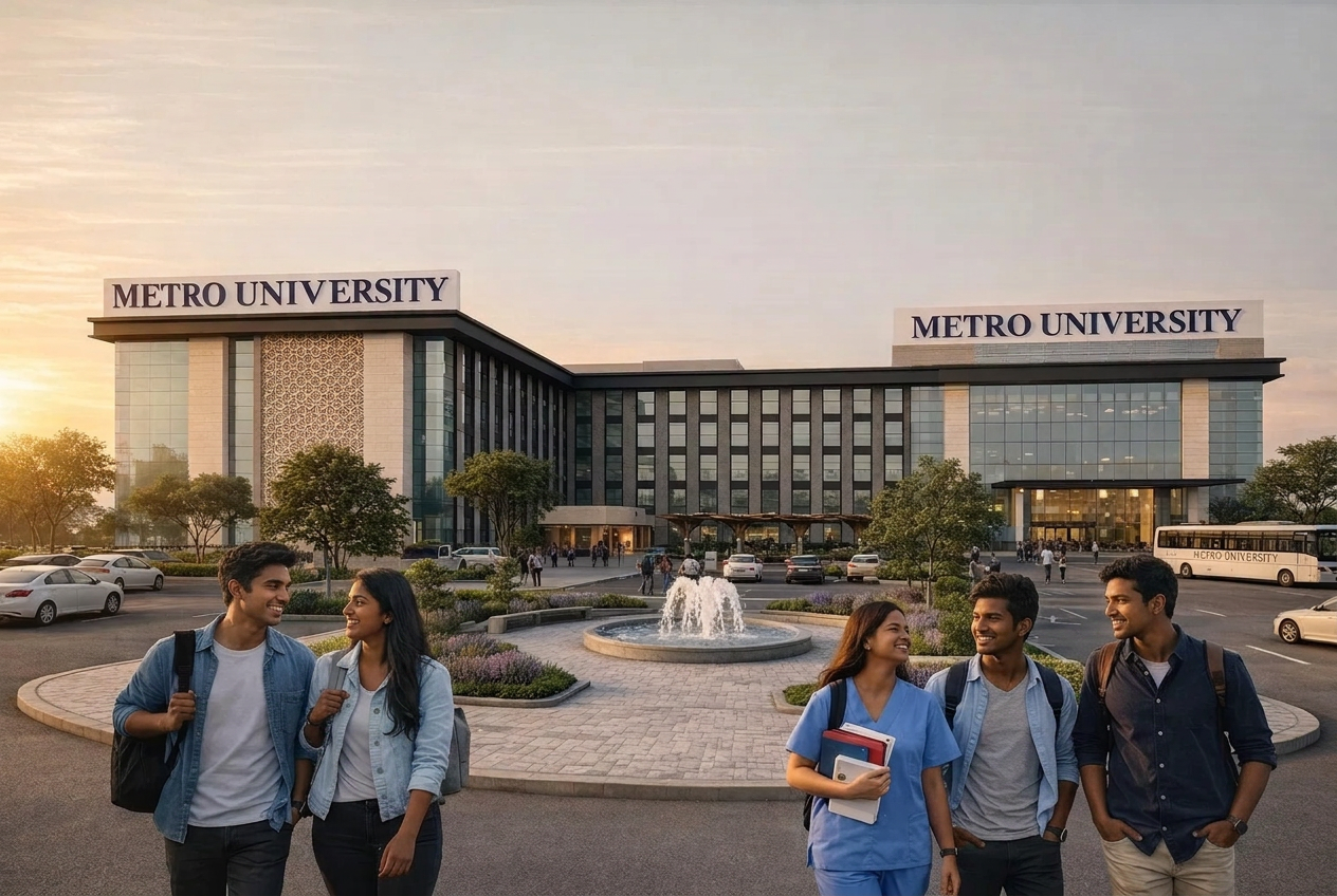 Students walking past the Metro University building in Greater Noida