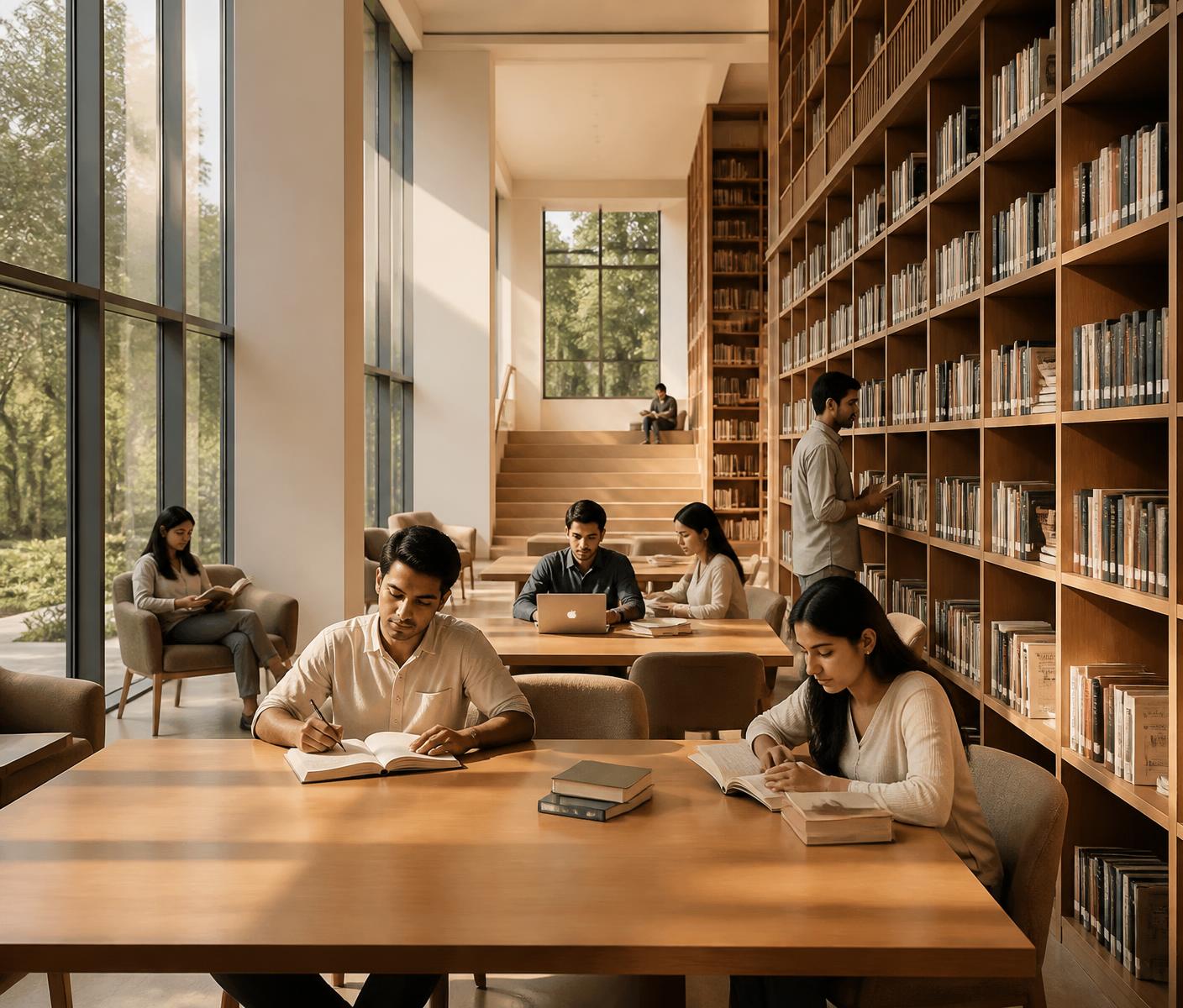 Students collaborating in the university library