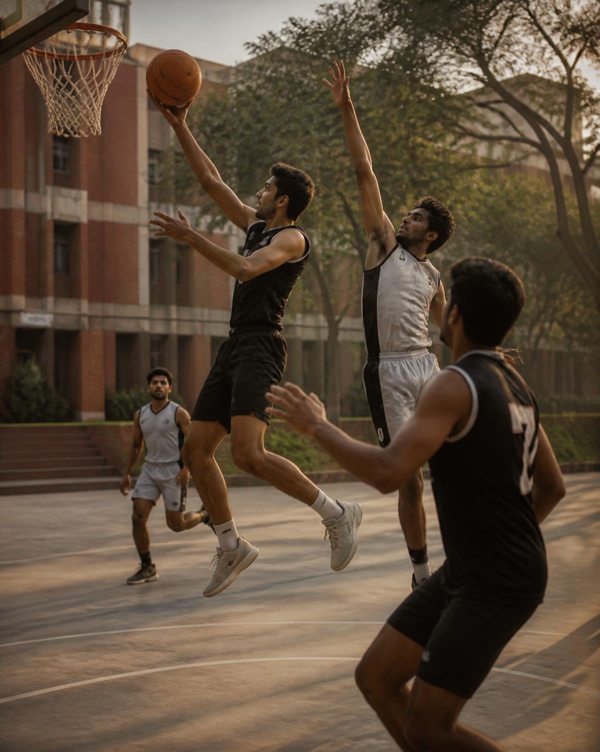 Students playing basketball on a campus court